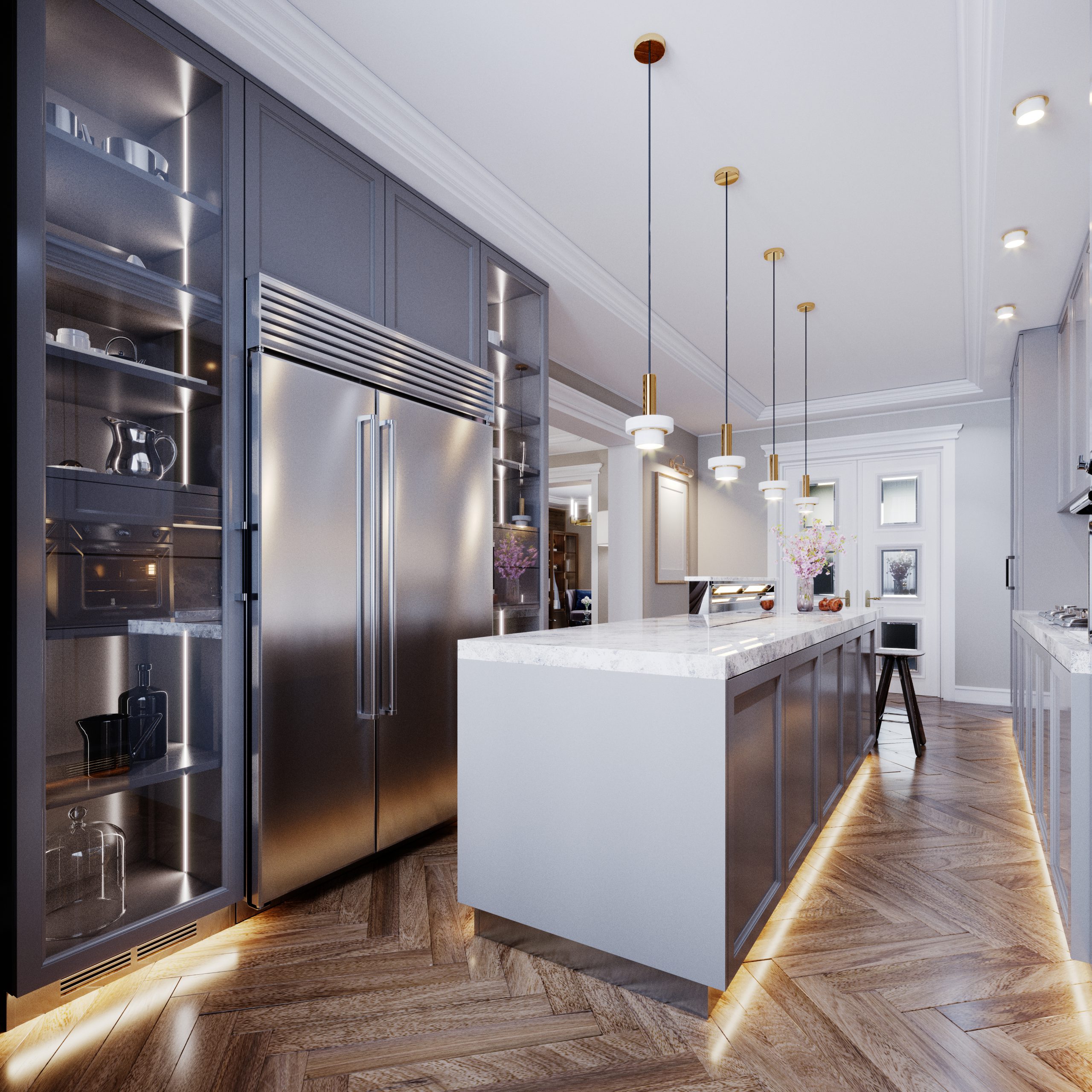 Fashionable modern kitchen with gray contemporary furniture, a kitchen island with a bar counter and two chairs, beige walls and parquet floor.
